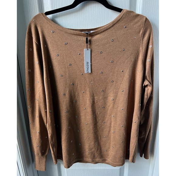 Chico's Sweaters - Chicos  Women Sweater Studded Brown Camel Bateau Pullover Size 3 NEW